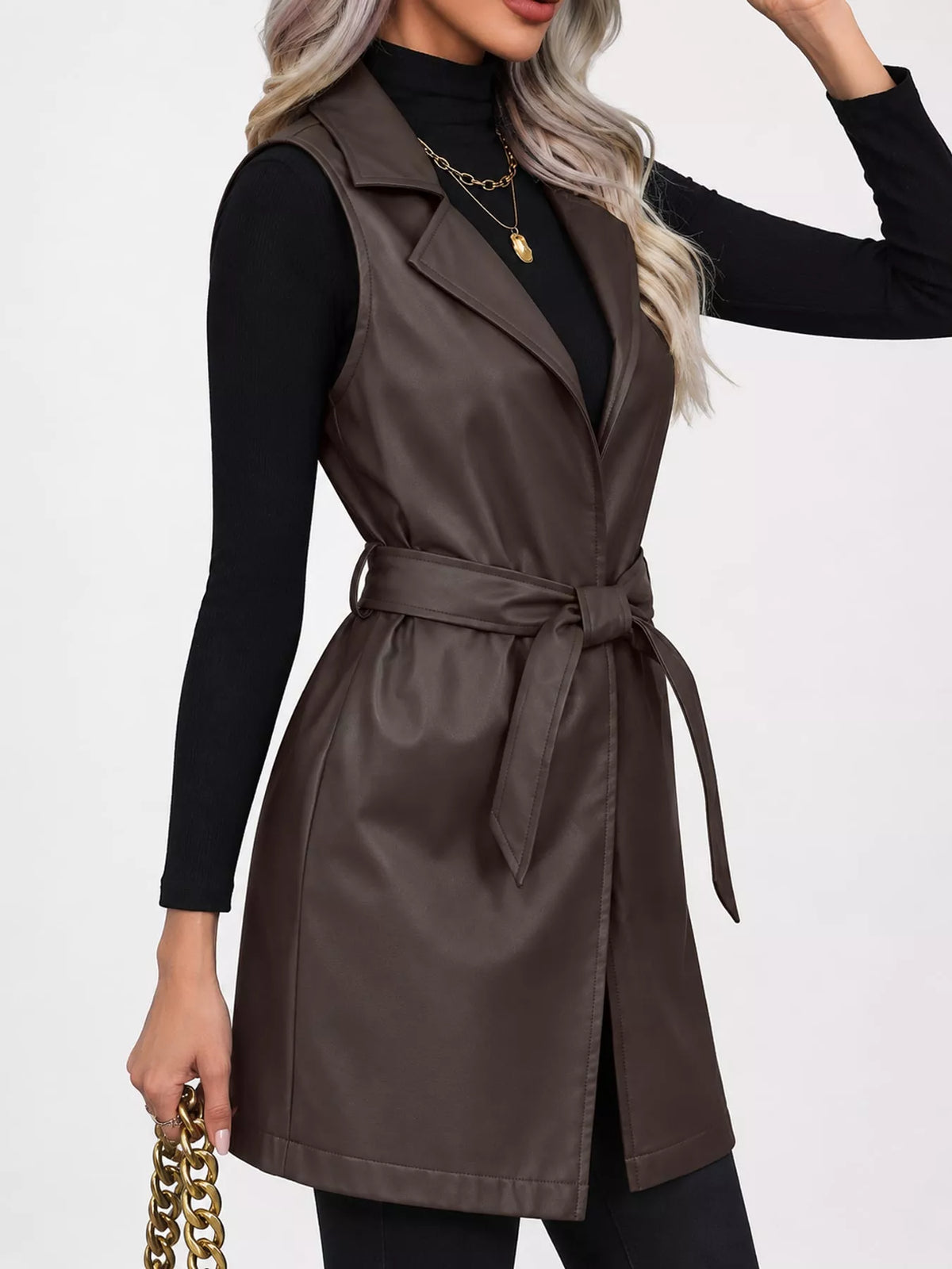 Tie Waist Longline Vest in dark brown, side view