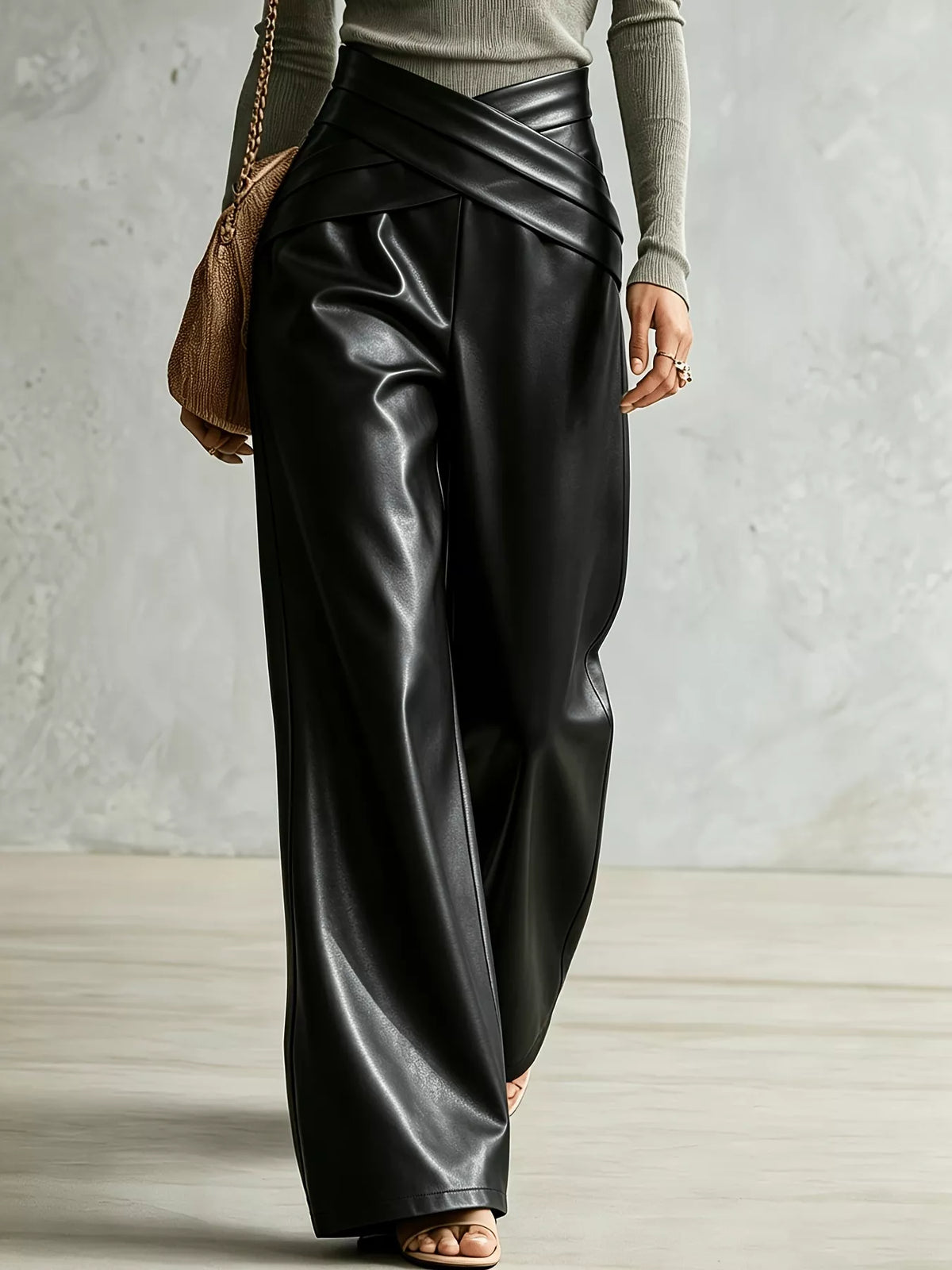 Black Crisscross-Waist Wide-Leg Pull-On Pants front walking view