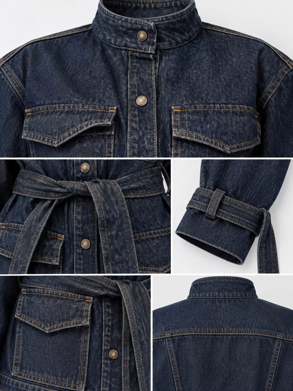 Dark blue button-up belted denim jacket — design and construction details