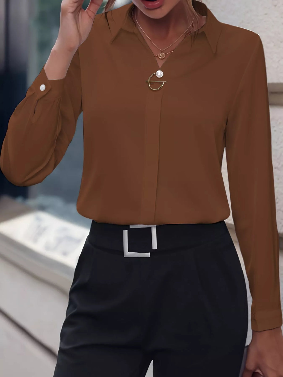 Women's Collared Clasp Detail Long Sleeve Satin Blouse in brown — front view