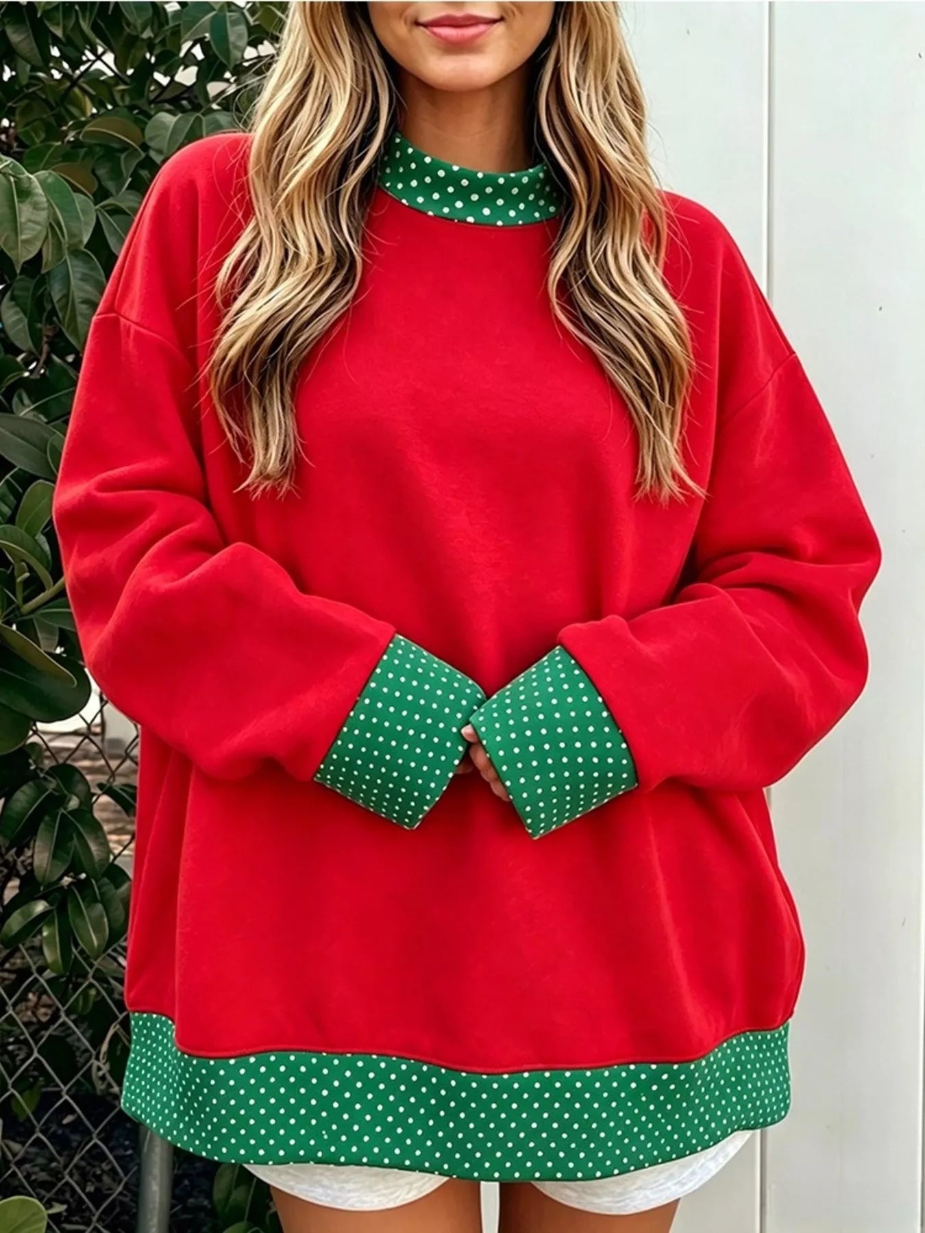Trendsi Polka Dot Contrast Trim Dropped Shoulder Sweatshirt -