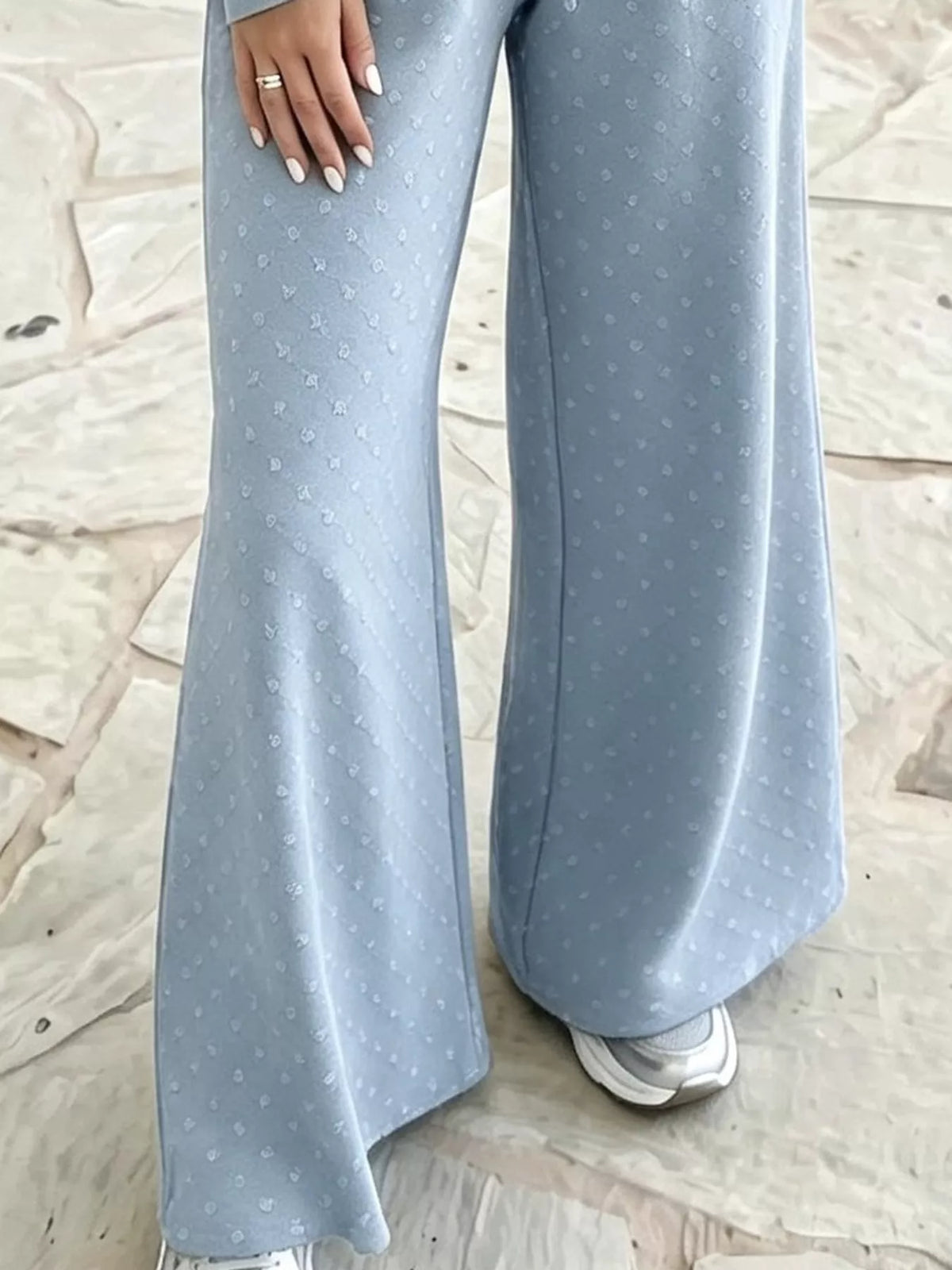 Light blue swiss dot crop top and wide-leg pants set — design and construction details