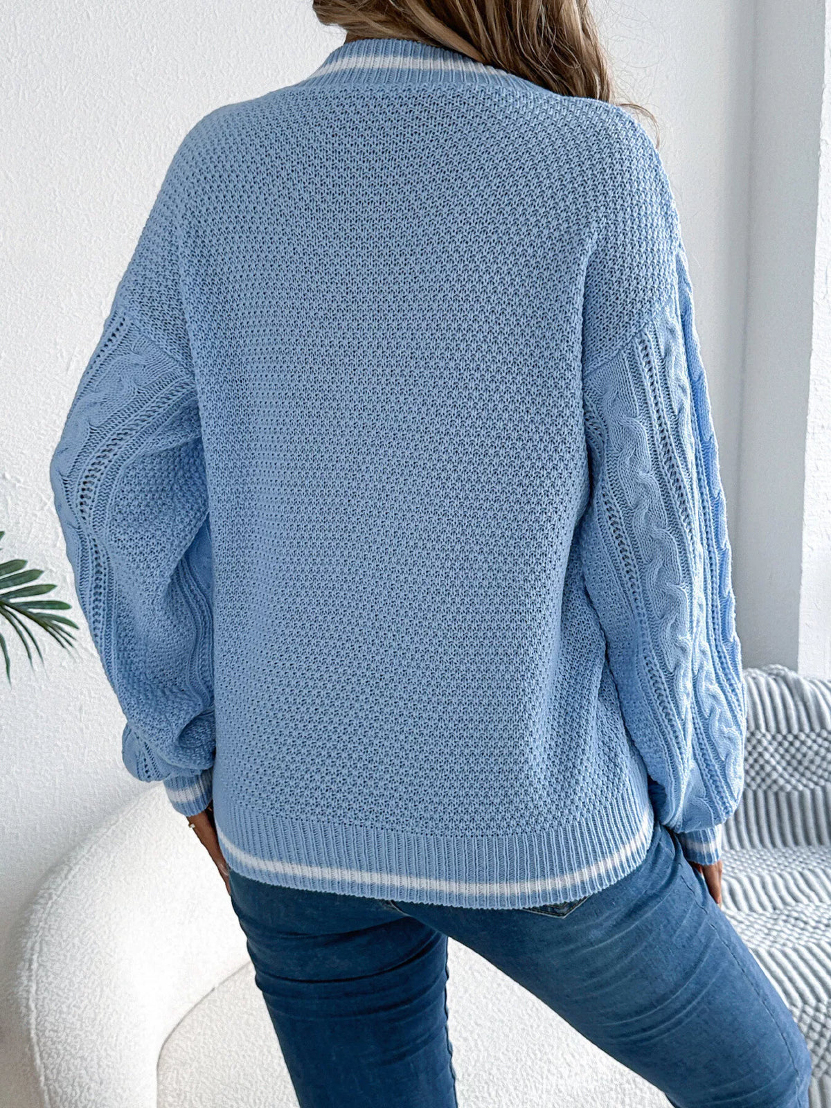 V-Neck Cable Knit Sweater with Striped Trim in blue, back view
