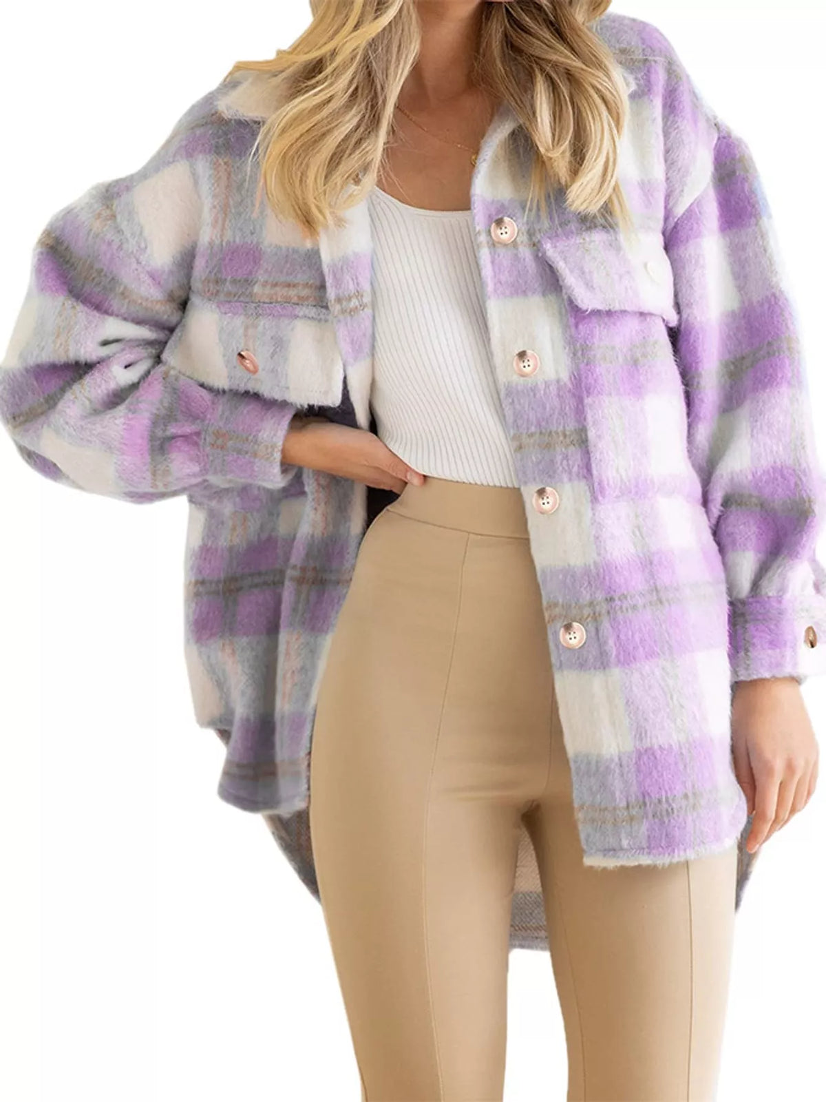 Purple and cream plaid button down jacket, front view