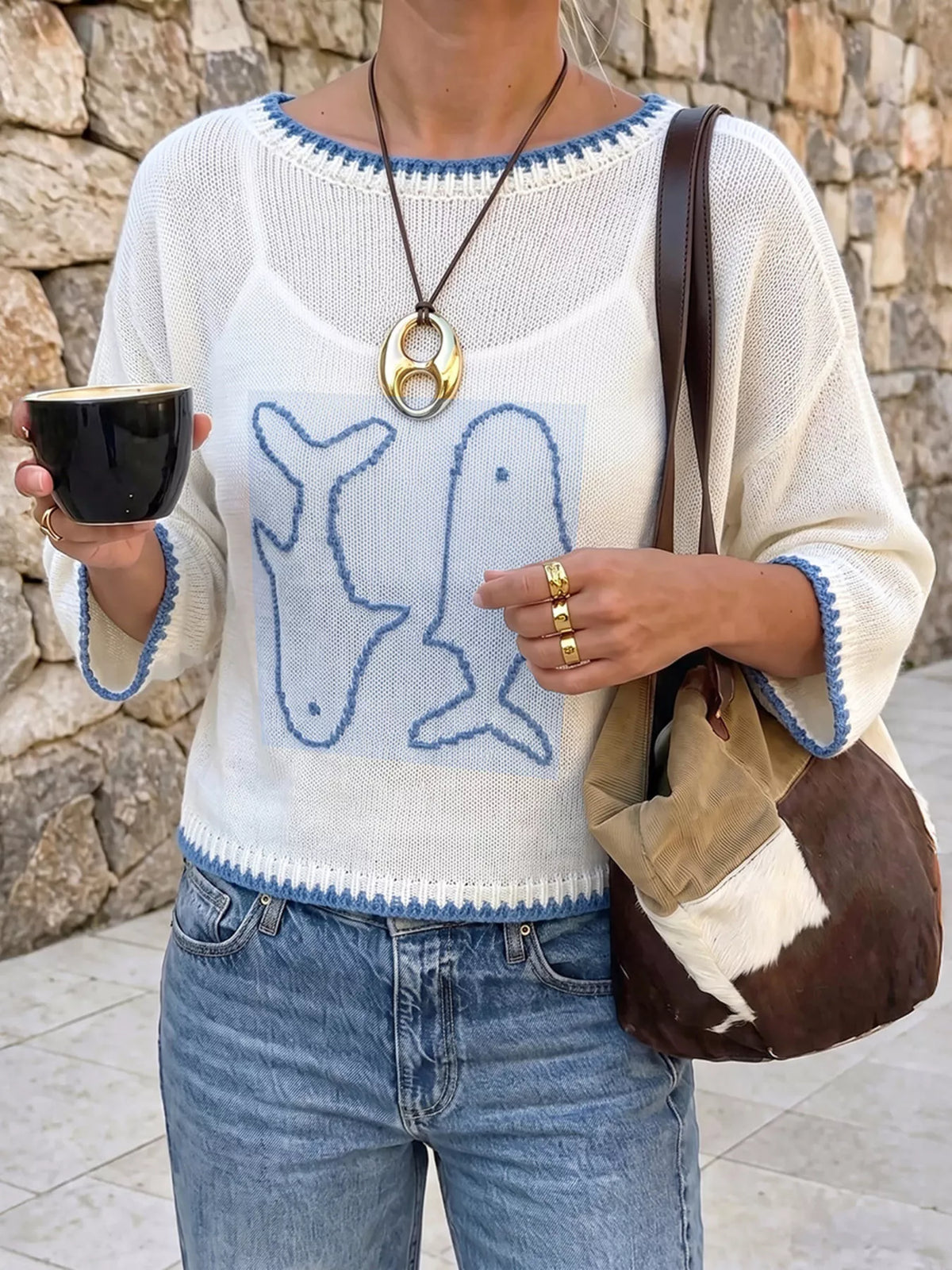 Trendsi Fish Contrast Trim Knit Top -