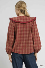 Trendsi Umgee Full Size Plaid Ruffle Collar Blouse Plus Size -