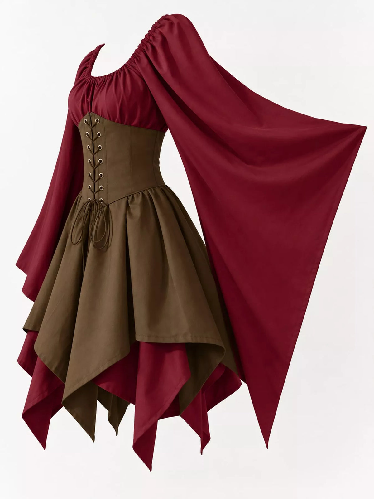 Lace-up asymmetric dress, burgundy olive side