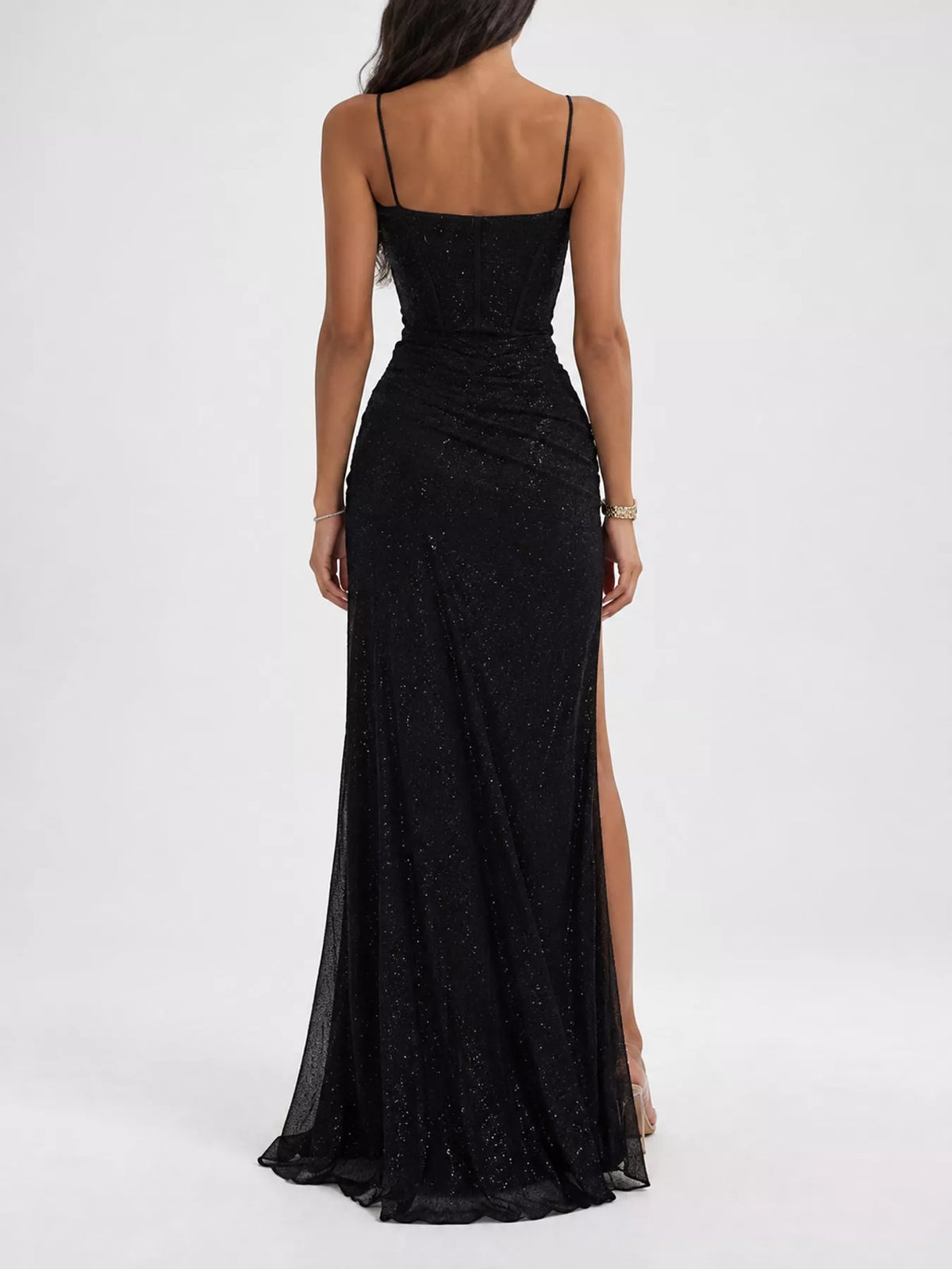 Black high-slit glitter maxi evening dress — back view