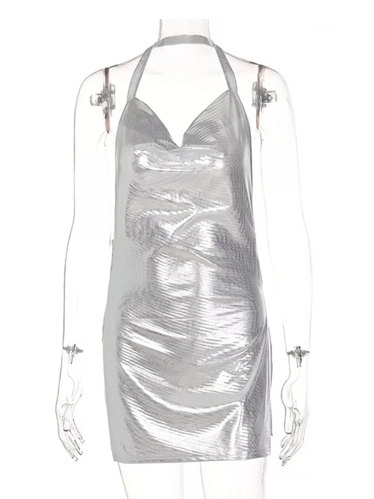 Silver halter neck slit mini dress, front view