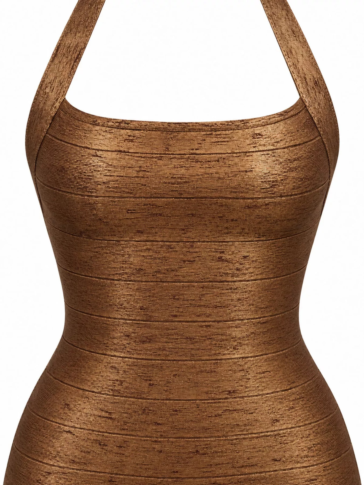 Bronze halter neck bodycon dress, detail view