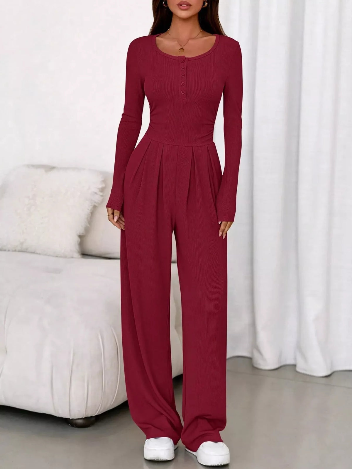 Long Sleeve Ribbed Knit Wide-Leg Jumpsuit — front view
