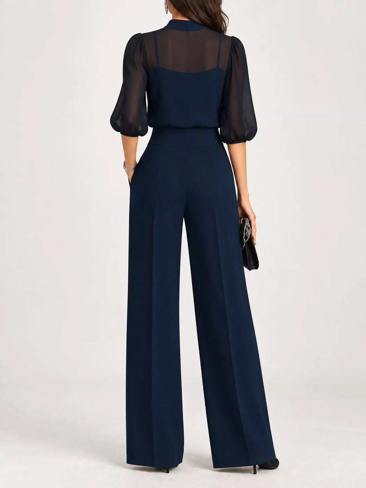 Women's Mock Neck Puff Sleeve Top and Wide Leg Pants Set in navy — back view