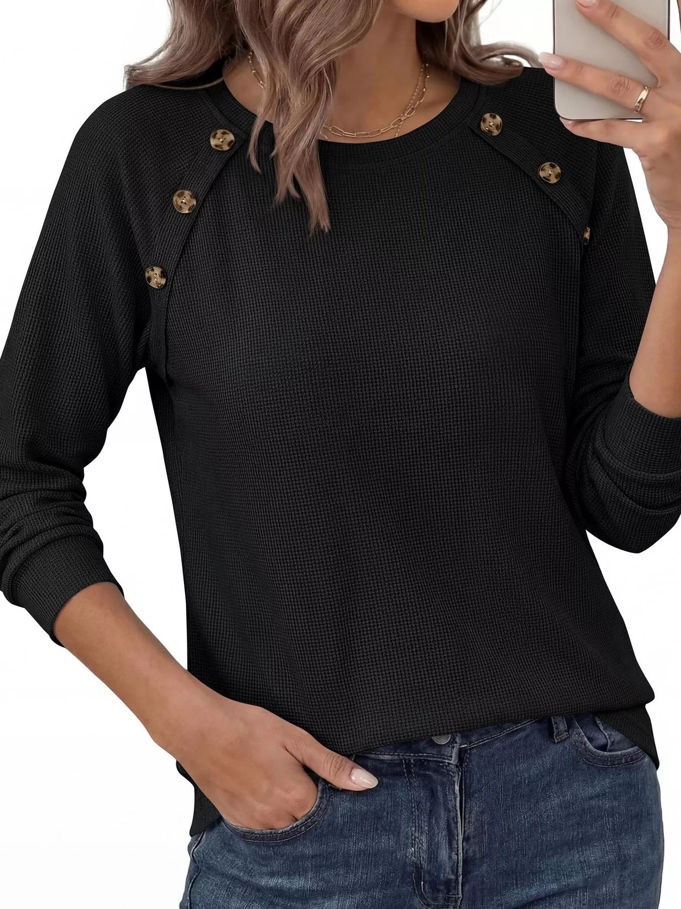 Trendsi Decorative Button Waffle Knit Long Sleeve T-Shirt -