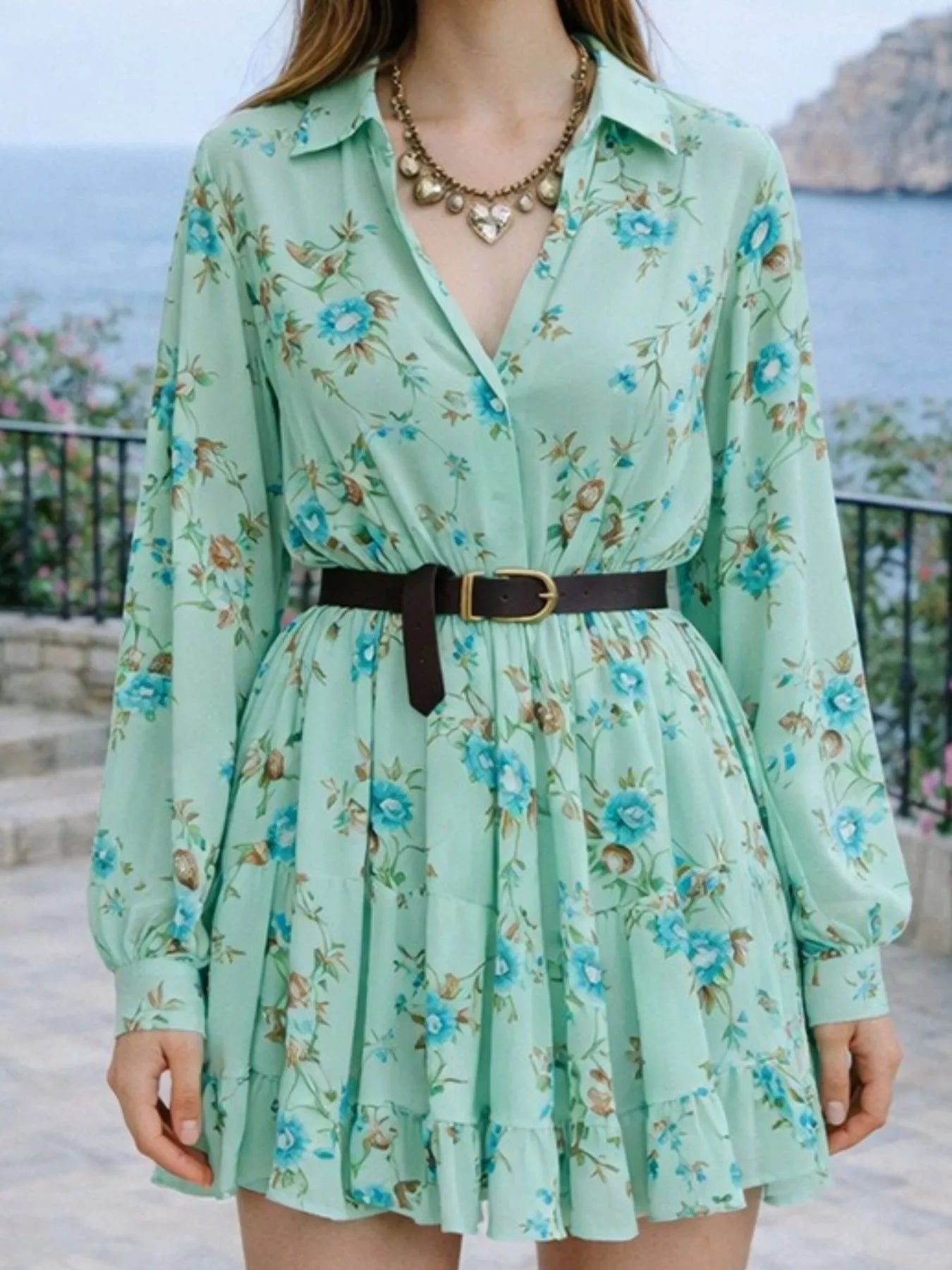 Trendsi Full Size Floral Print Long Sleeve Shirt Dress Plus Size -