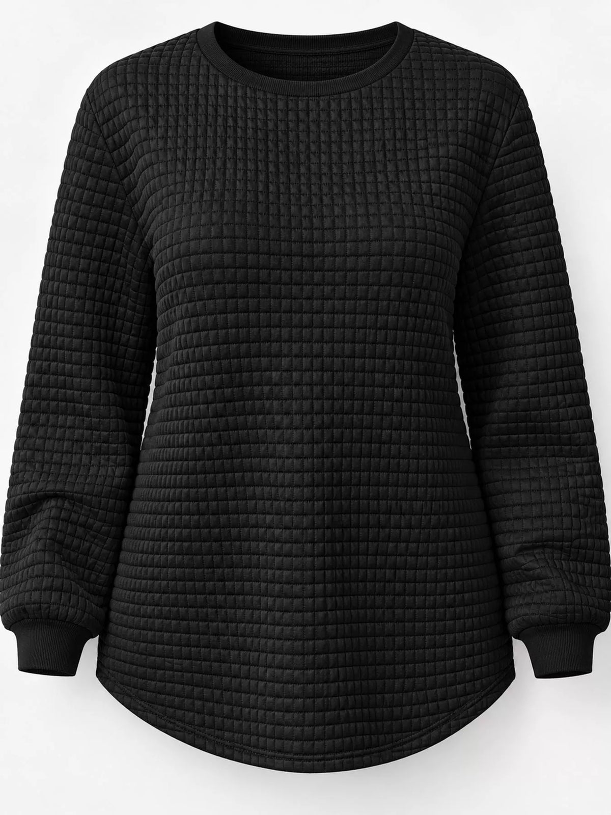 Black waffle knit sweatshirt with curved hem