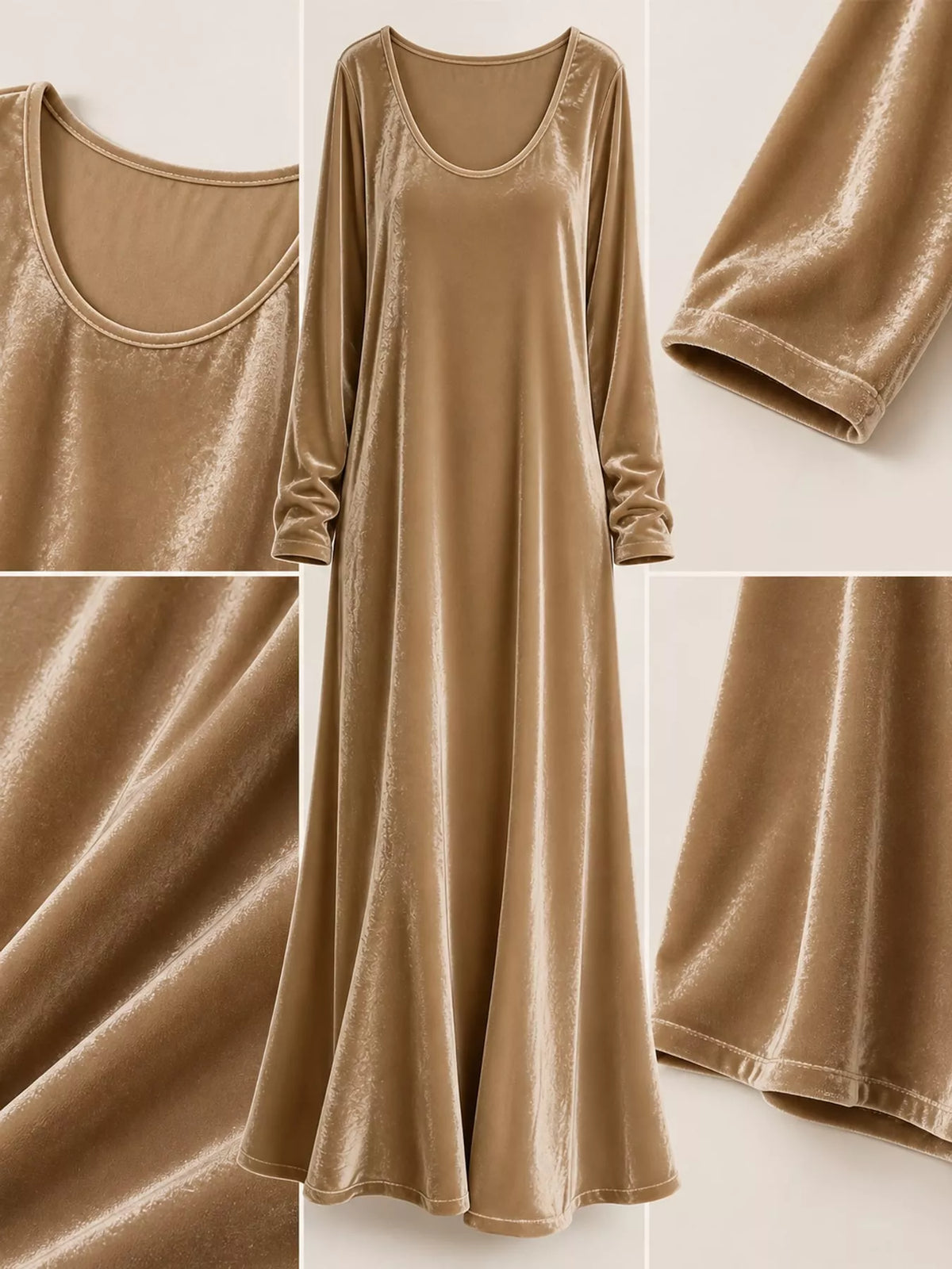 Velvet maxi dress, tan neckline cuff fabric collage