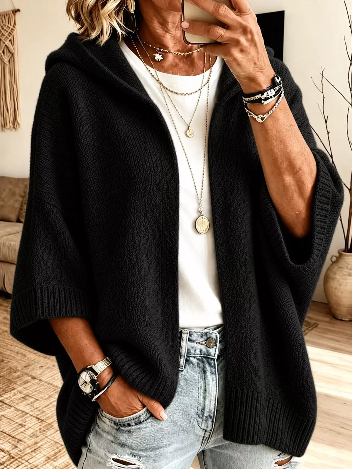 Hooded knit cardigan, black front