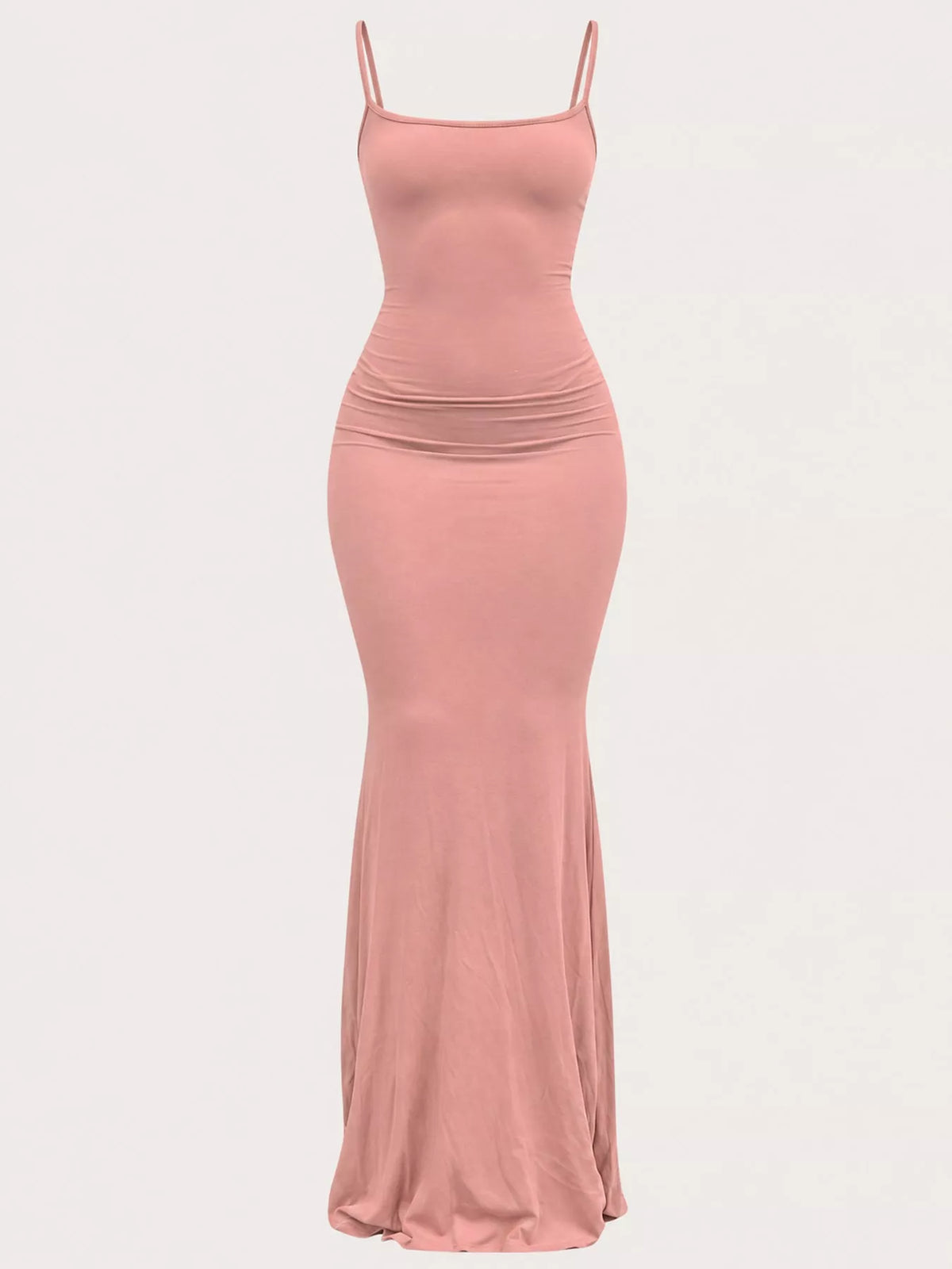 Nude pink bodycon spaghetti strap maxi dress, front view