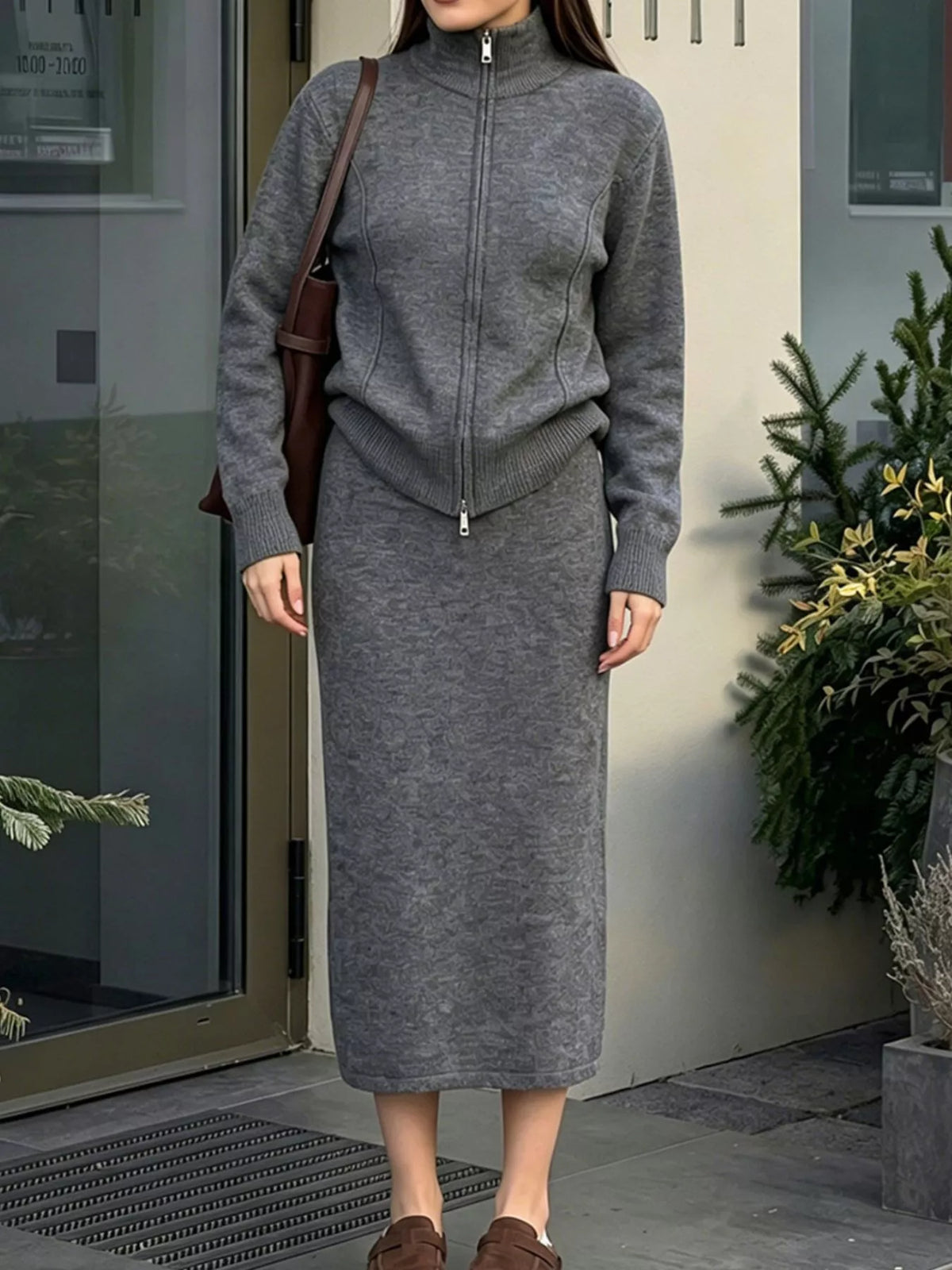 Zip-up cardigan and midi skirt knit set in dark gray, straight-on view