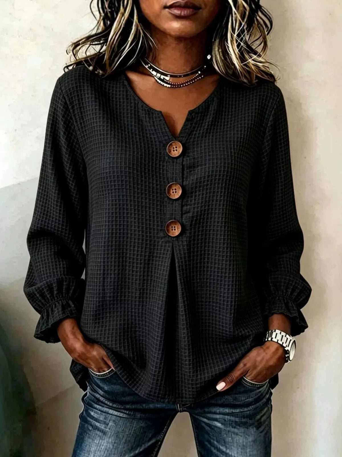 Black waffle knit blouse, front view