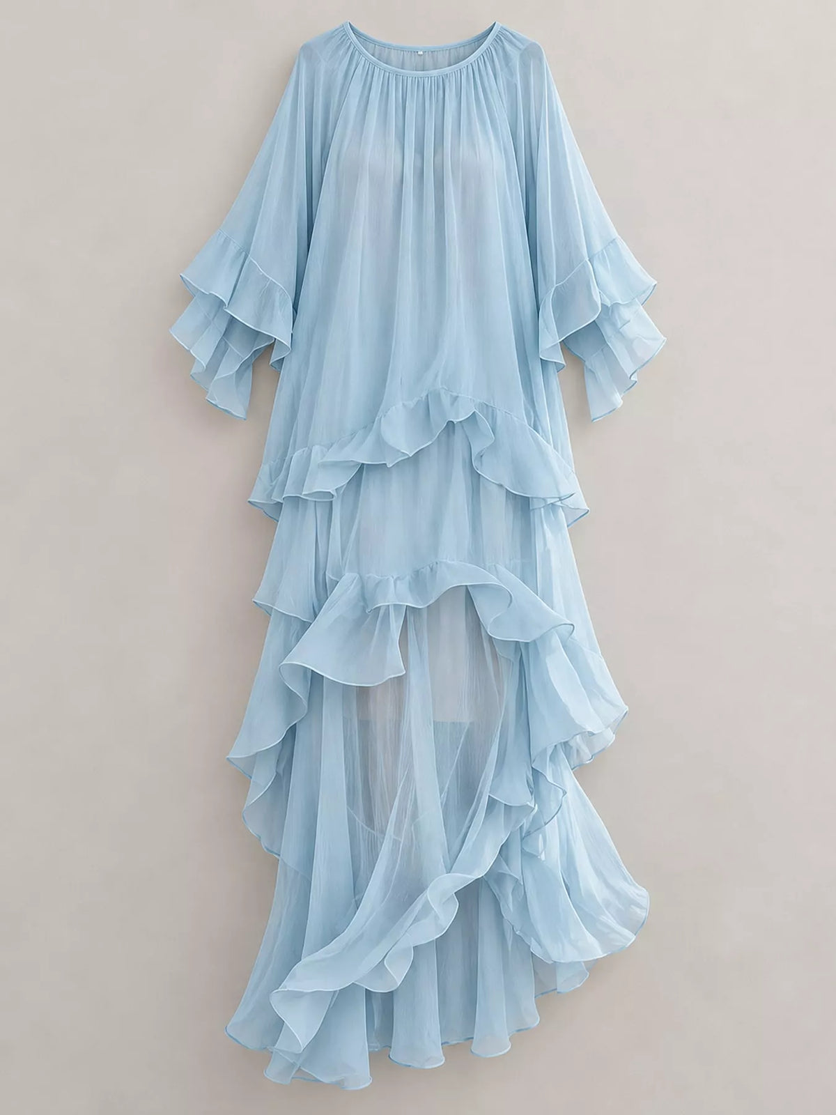 Light blue ruffled layered bohemian maxi dress, front view