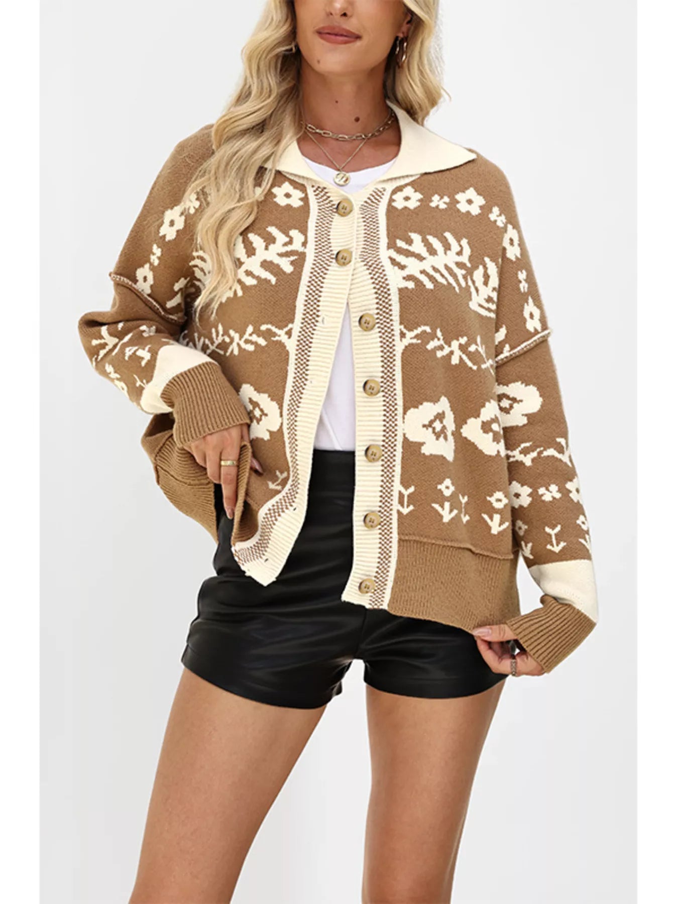 Trendsi Floral Pattern Knit Cardigan with Contrast Collar -