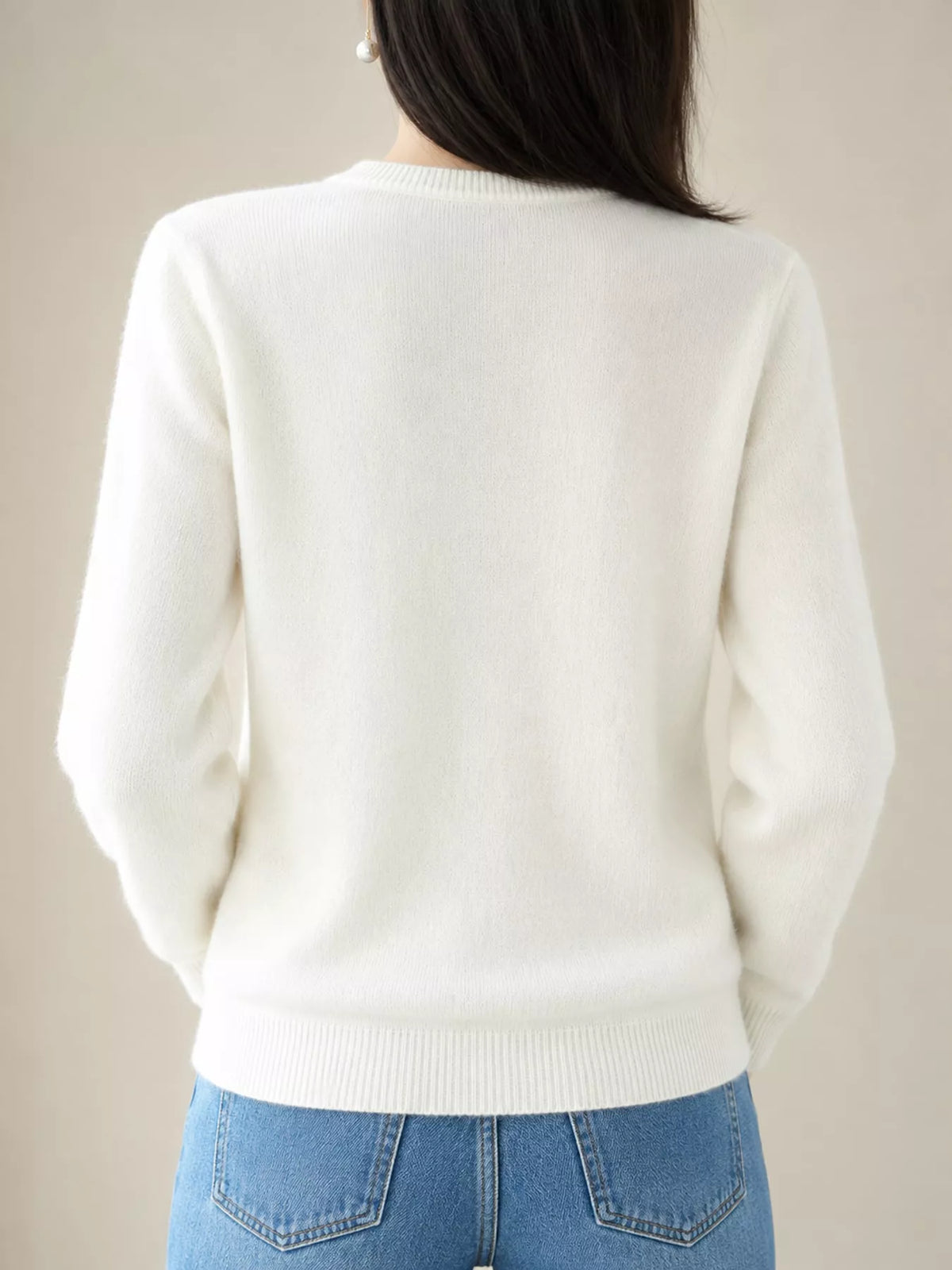 White crew neck button-front cardigan, back view