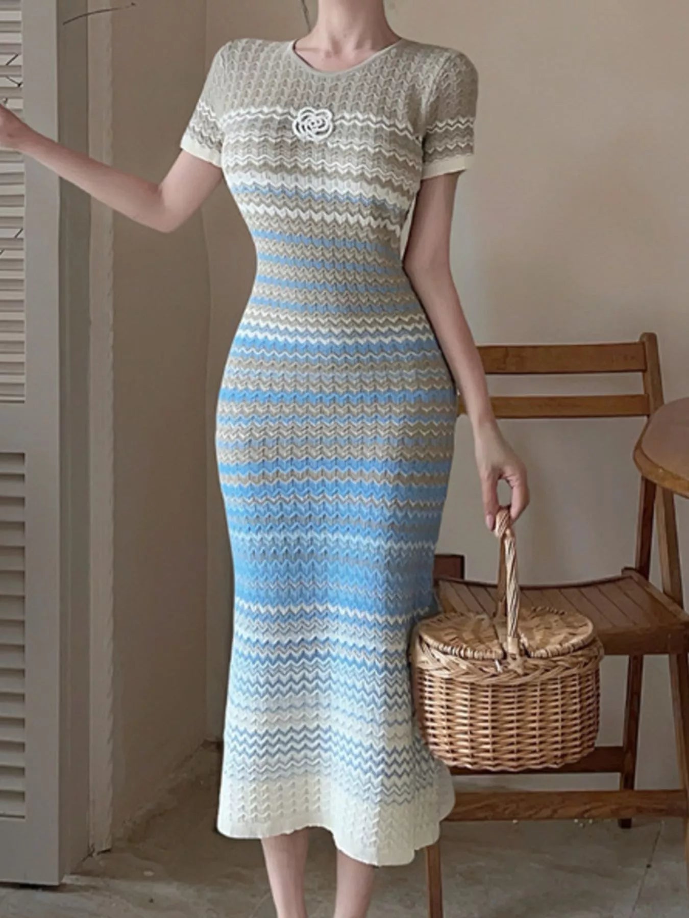 Trendsi Gradient Knit Striped Short Sleeve Midi Dress -