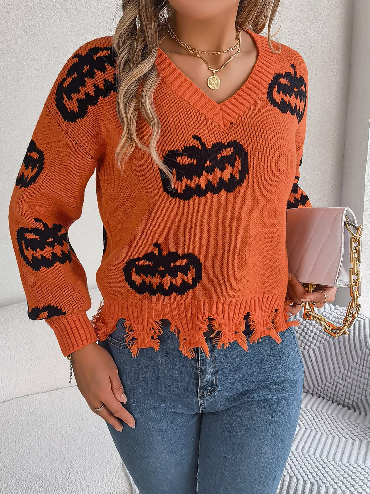Pumpkin Distressed Hem Sweater in orange, front view