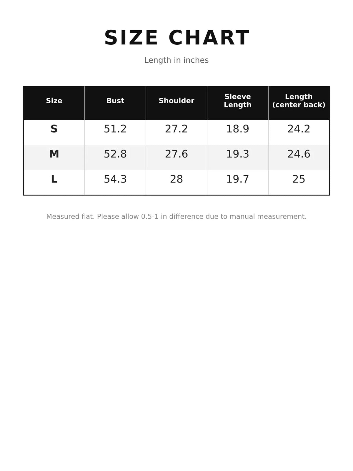 Size chart for snap down leather jacket