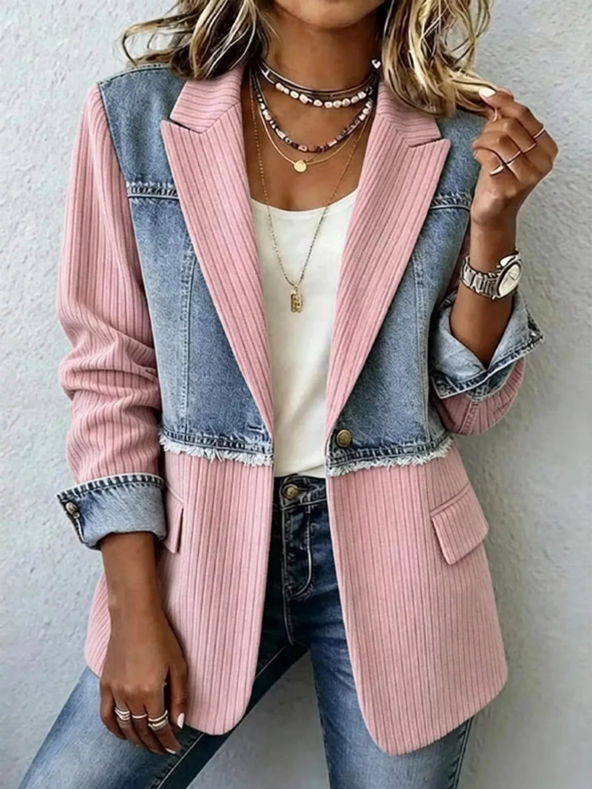 Pink and blue ribbed blazer with contrasting panels, front view