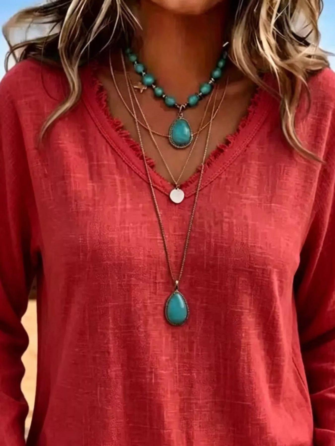 Trendsi V-Neck Frayed Hem Long Sleeve T-Shirt -