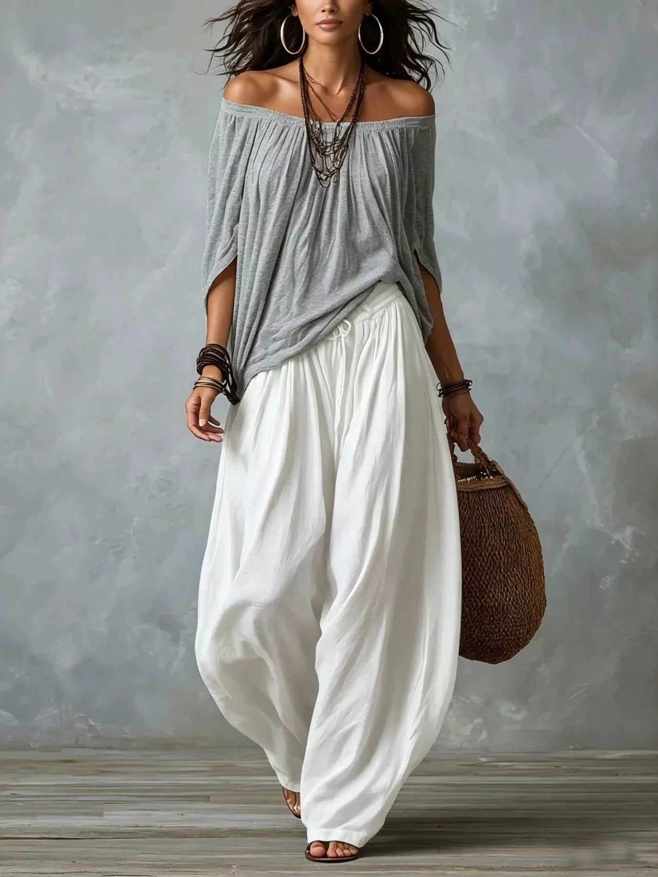 Trendsi Full Size Off-Shoulder Top and Wide-Leg Harem Pants Set Plus Size -