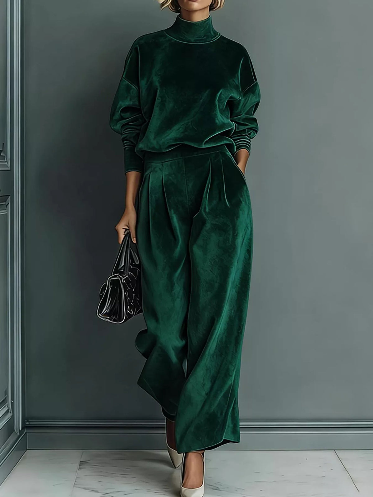 Green velvet mock-neck top and wide-leg pants set, full front view.