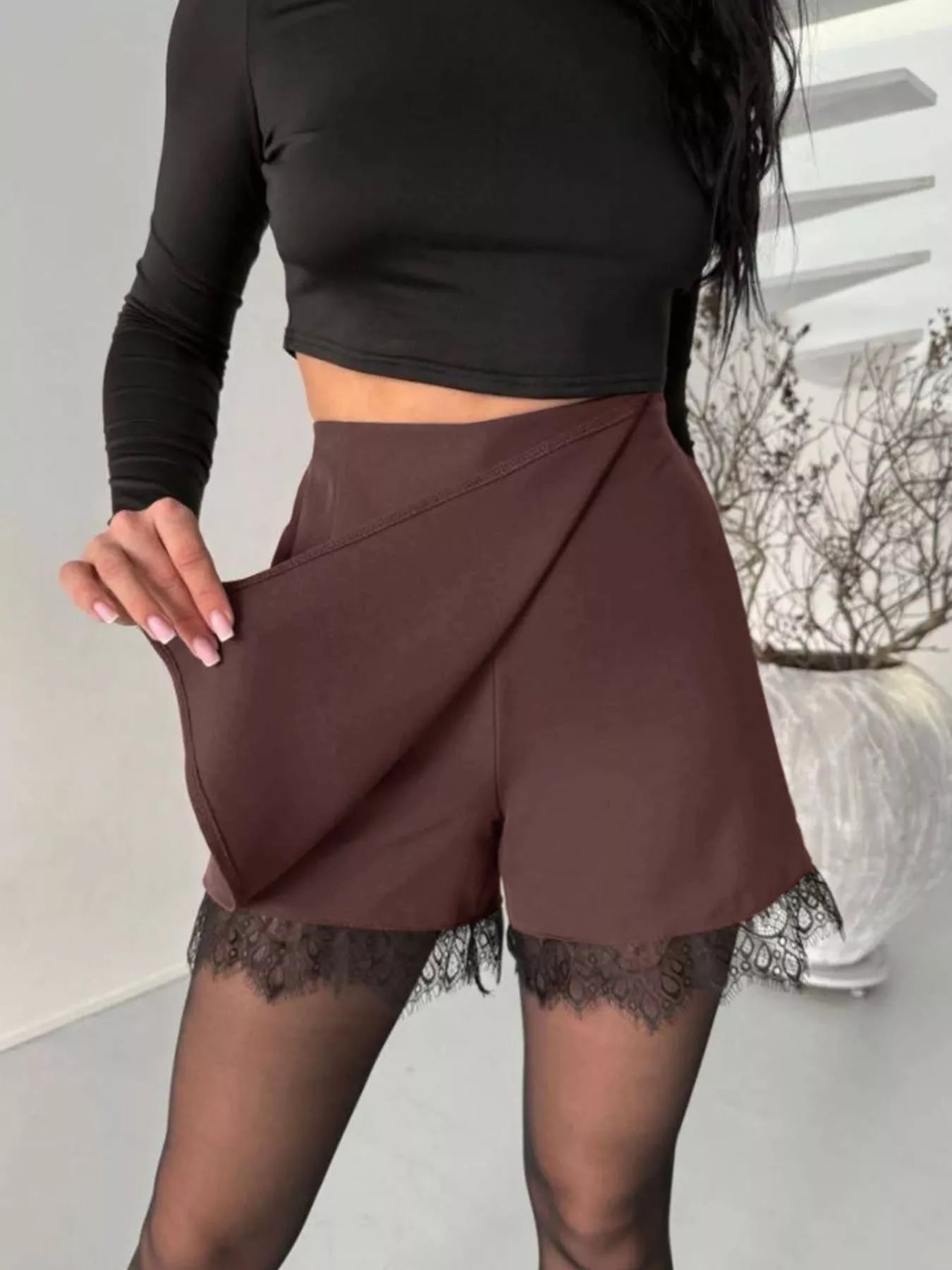 Trendsi High-Waisted Lace Hem Skort -