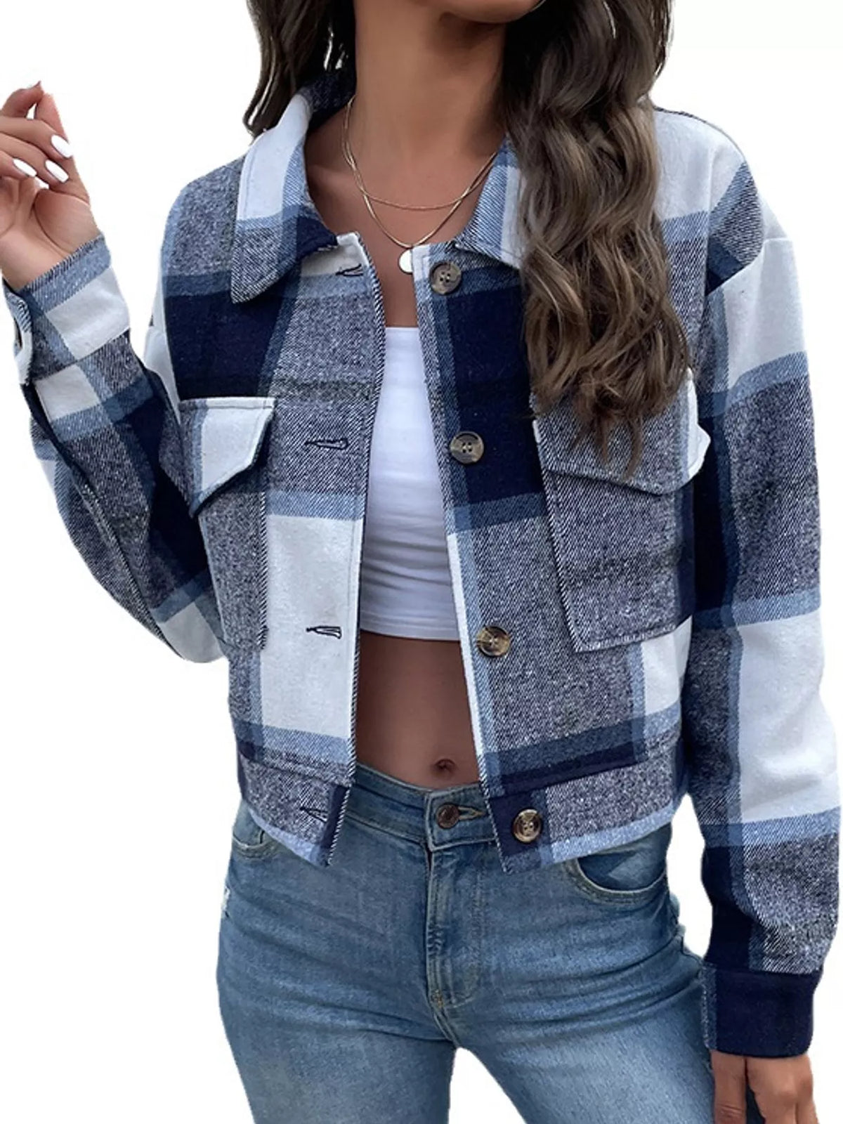 Navy plaid button-up cropped jacket