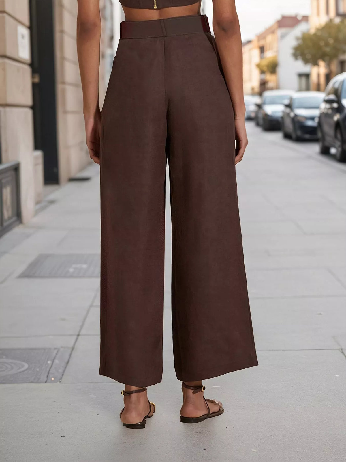 Brown Lapel Collar Blazer and Wide-Leg Pants Set alternate view 3