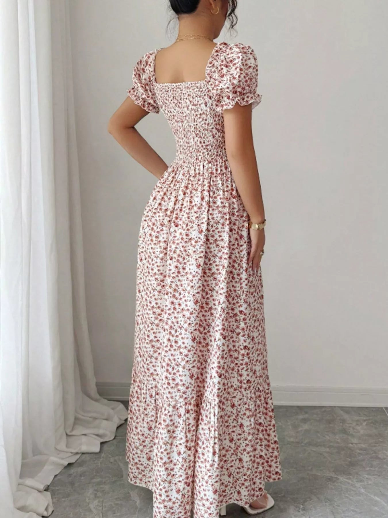 Trendsi Floral Print Puff Sleeve Maxi Dress -