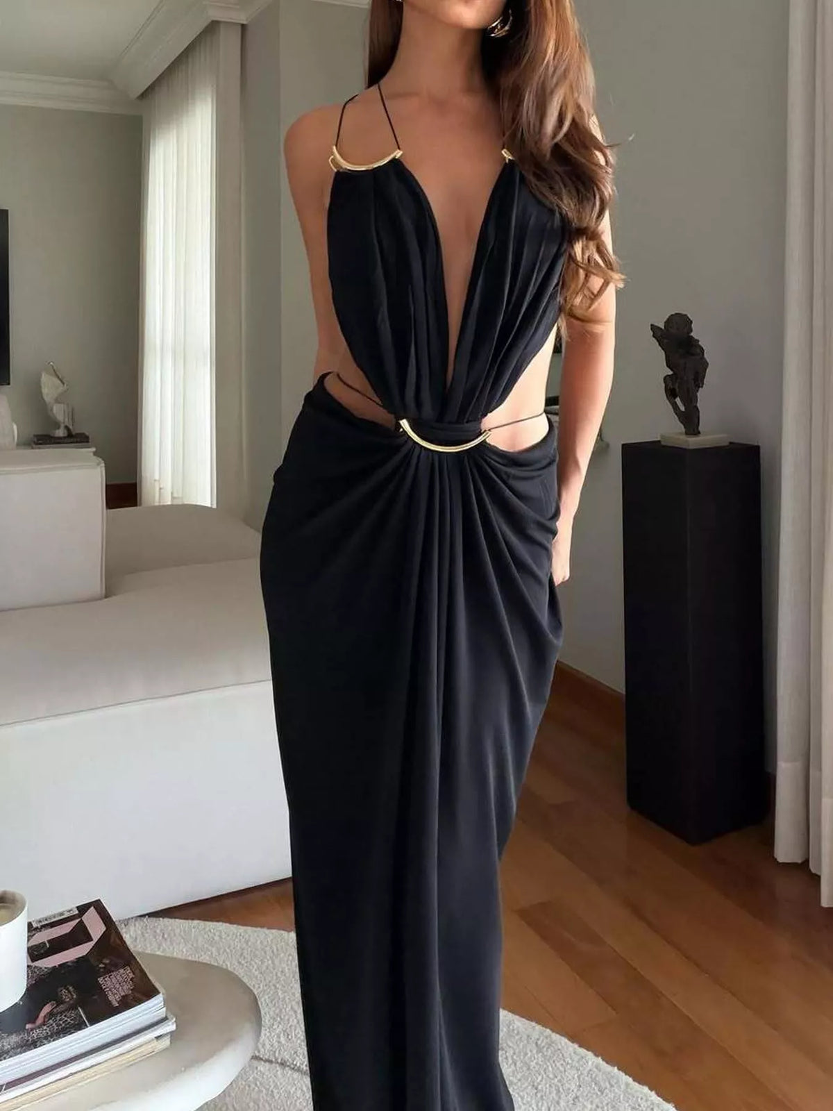 Black backless plunge cut-out maxi dress