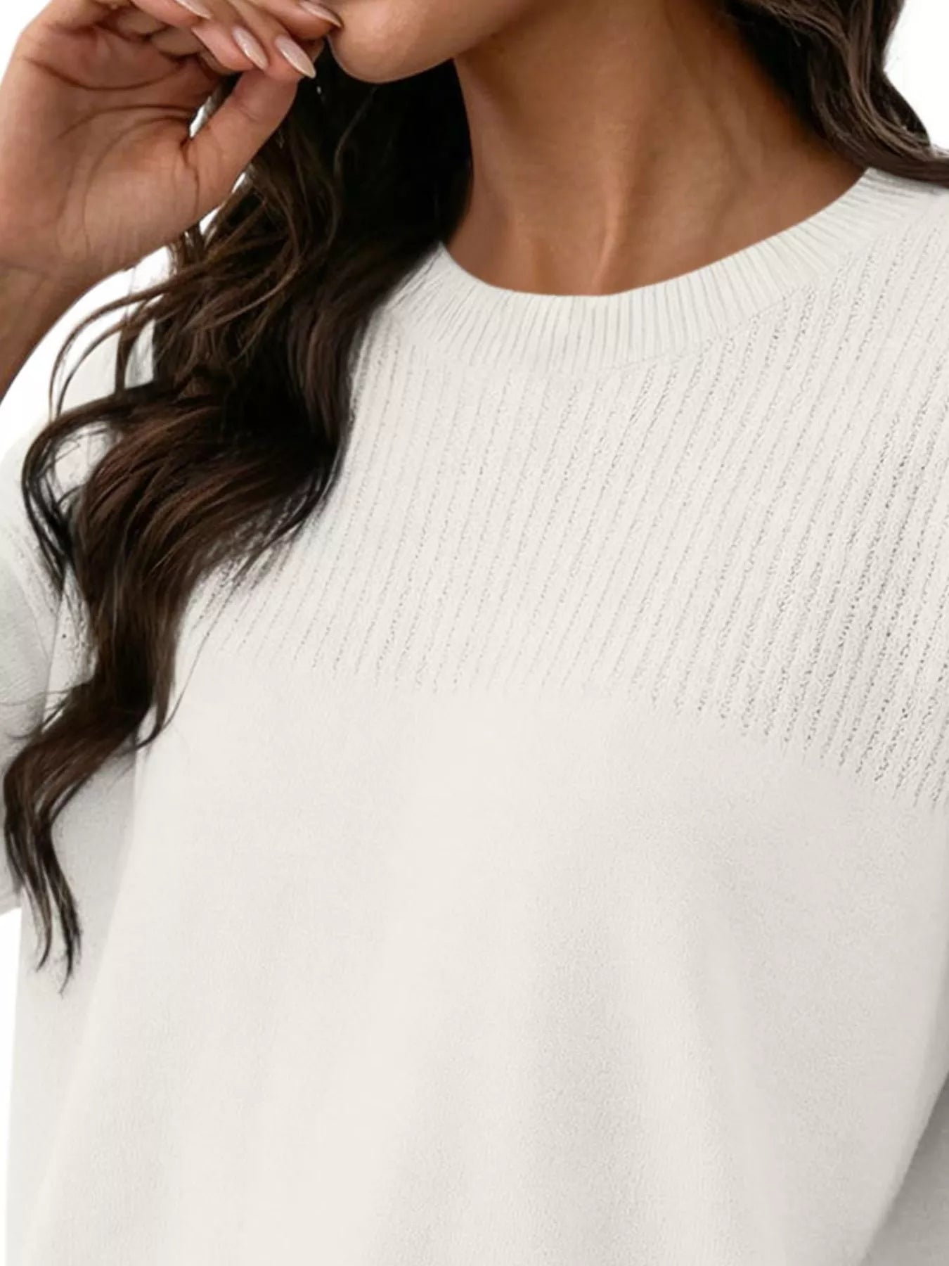 Trendsi Elegant Crew Neck Eyelet Ribbed Sweater -
