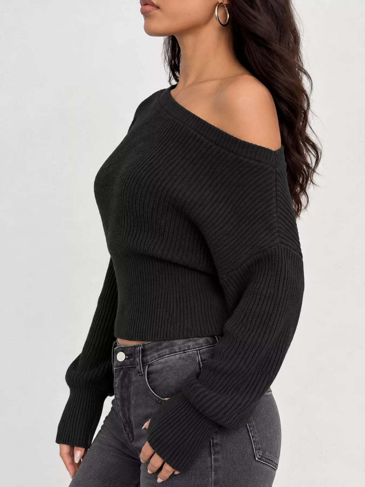 Black one shoulder ribbed knit sweater