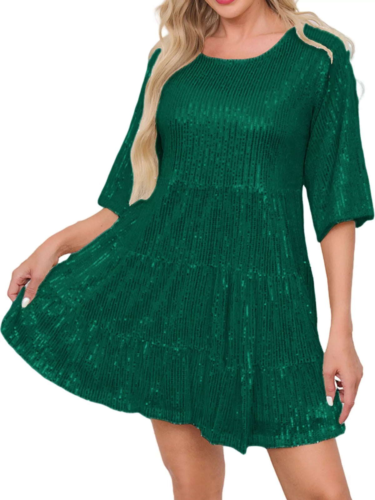 Round neck 3/4 sleeve mini dress, front view on model