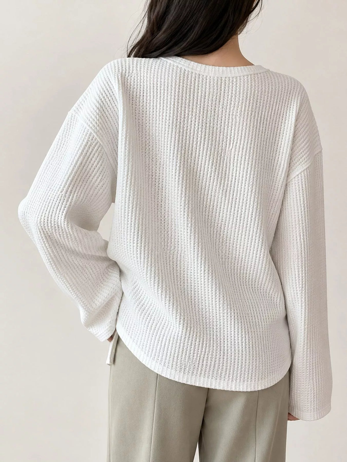 Split-Neck Waffle Knit Long Sleeve T-Shirt — back view