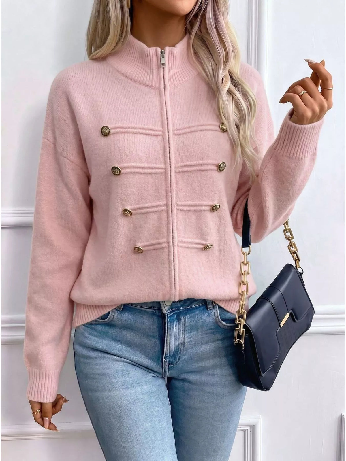 Pink zip-up long sleeve cardigan with decorative buttons
