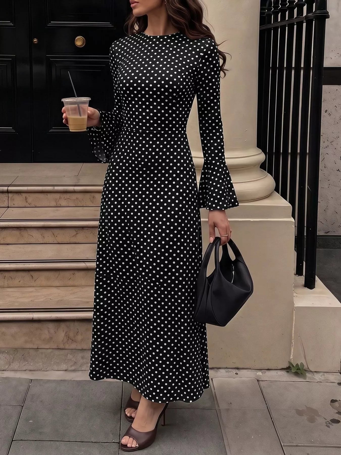Trendsi Polka Dot Flare Sleeve Maxi Dress -