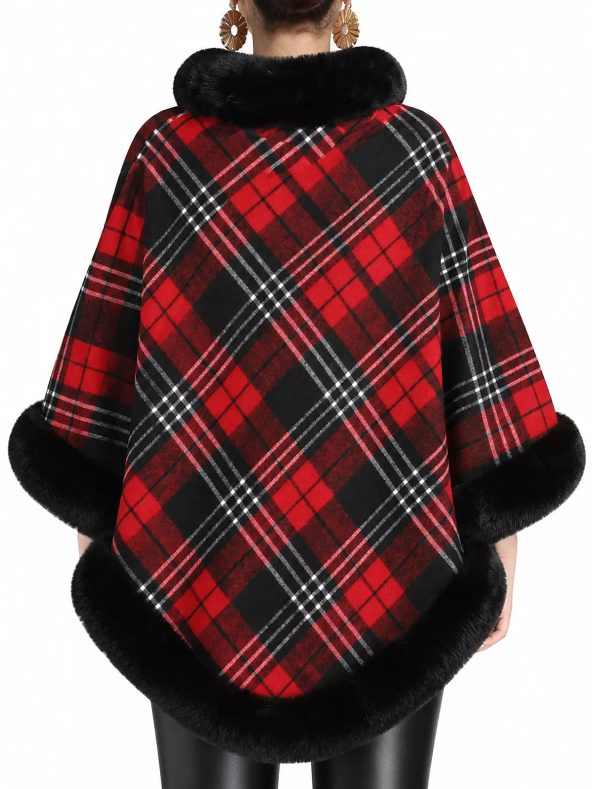 Black And Red-Plaid plaid faux fur trimmed poncho cape, back view