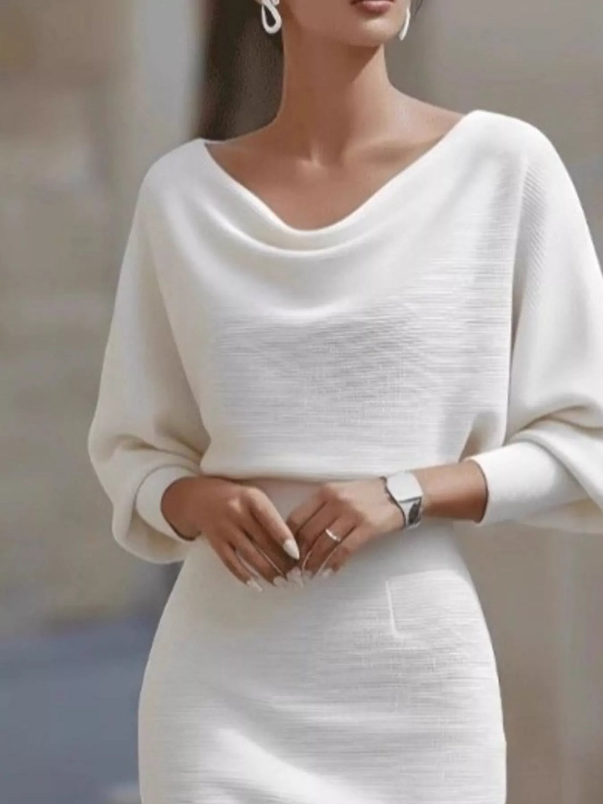Cowl neck 3/4 sleeve knee dress, construction and design details