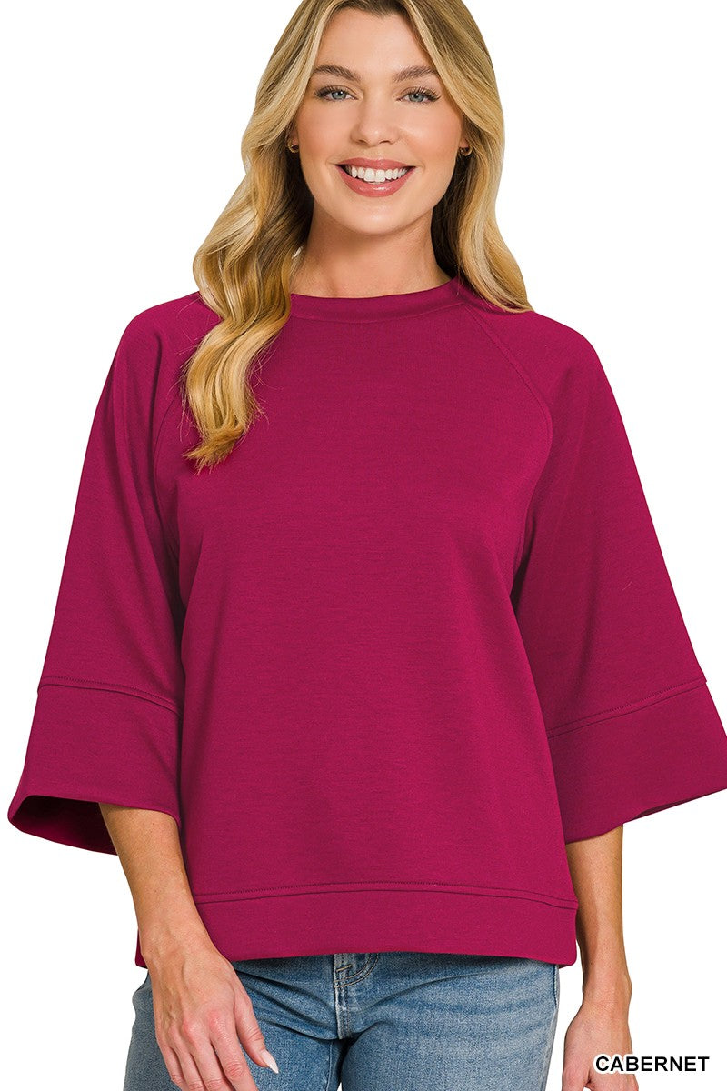 Women's Cabernet Scuba 3/4 Bell-Sleeve Relaxed Pullover — product view 1