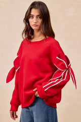 Trendsi BiBi Bow Detail Sleeves Fleece Sweatshirt -
