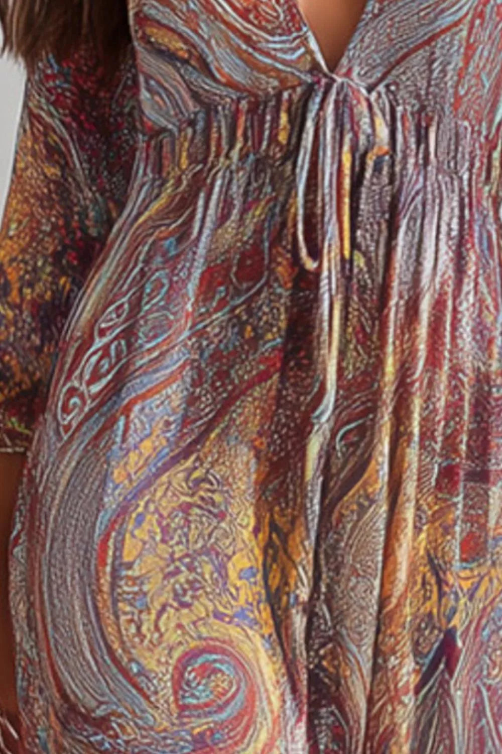 Multicolor Paisley Print V-Neck Long Sleeve Maxi Dress detail view